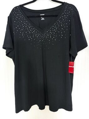 NWT Avenue Black V-Neck Short Sleeve Top with Rhinestone Accents Size 22/24